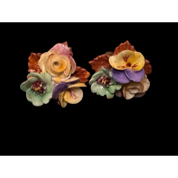 Vintage Hand-Painted Porcelain Floral Screw-Back Earrings 1” - Picture 1 of 3